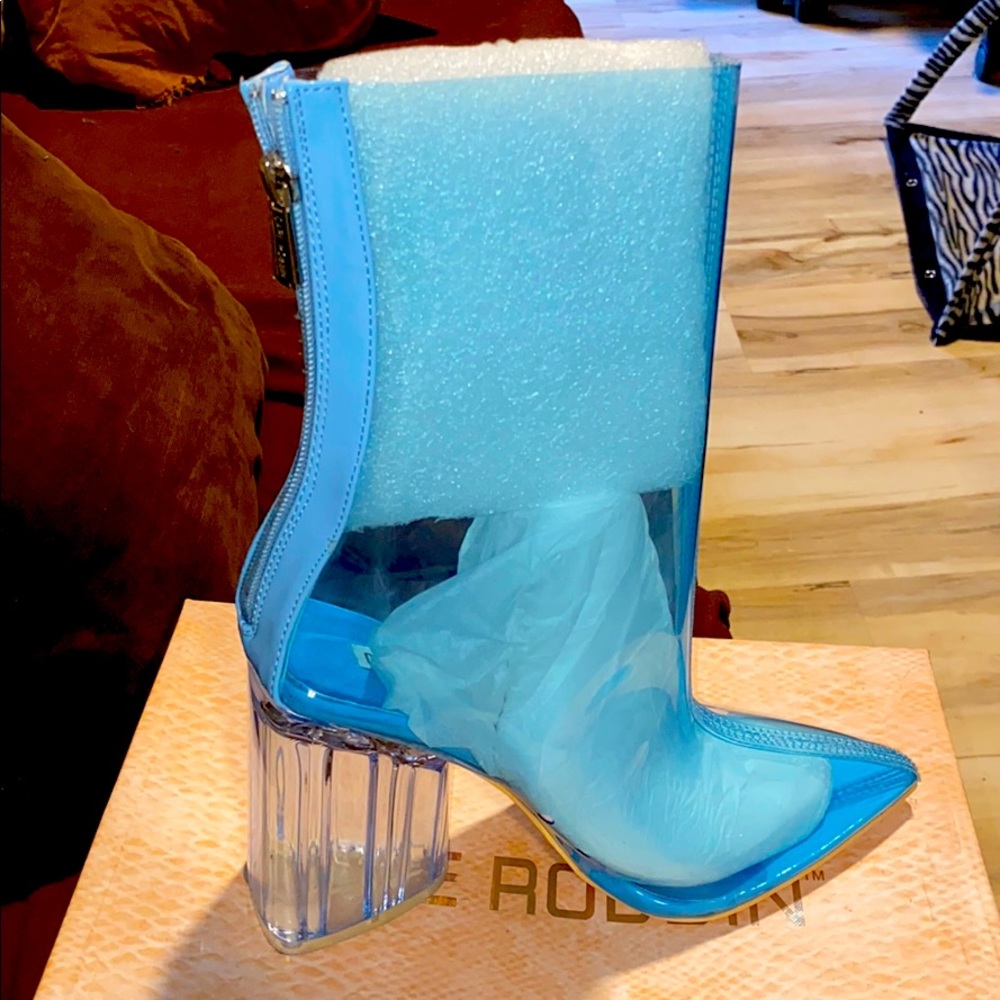 Blue/clear heel booties